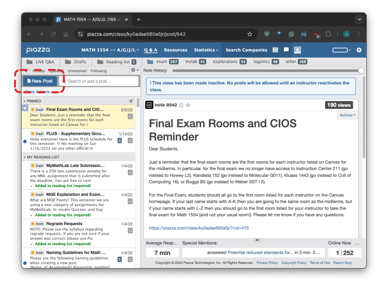 Display of Piazza posts and menu with various action buttons, most prominently the "New Post" button on the top-left
