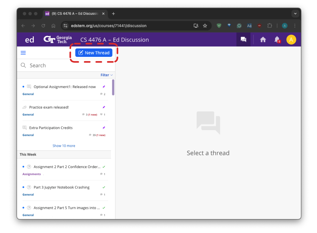 Display of Ed posts and menu with various action buttons, most prominently the "New Thread" button on the top-left