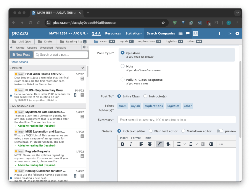 Display of Piazza post options separated by "post type," "post to," "select folder(s)," "summary," and "details."