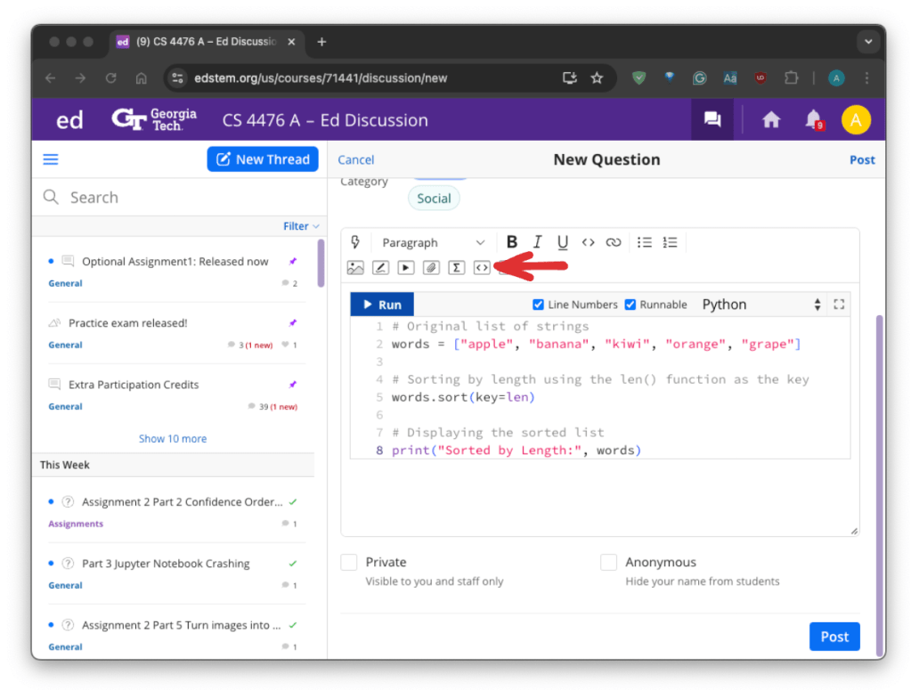 Code format option (pointed out by arrow) within Ed post editor, with a Python example.