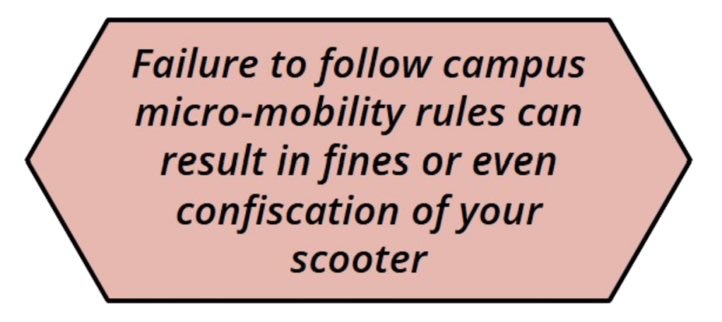 A warning sign describing that a failure to follow campus micro-mobility rules can result in fines or even confiscation of your scooter