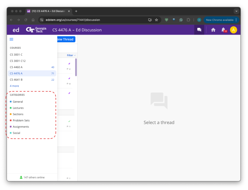Display of Ed courses and various search filters available for selection (center-left)