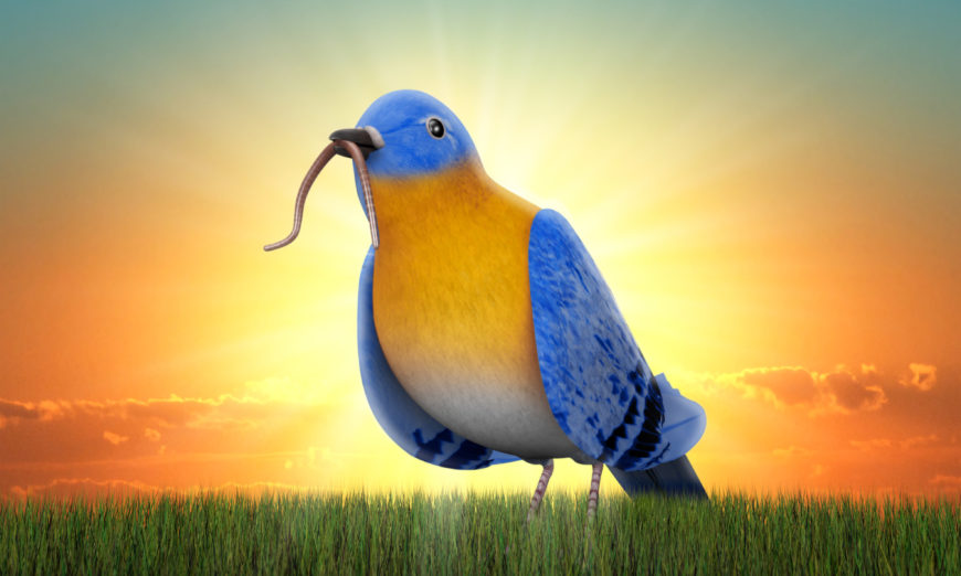 Shows a bird standing on grass with a worm in its mouth. The background of the image contains a sunset.