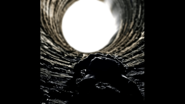 Shows a creature attempting to crawl out of a dark tunnel towards a source of light.