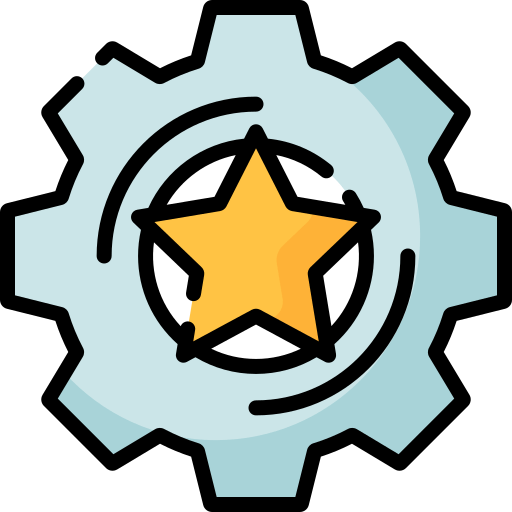 Displays a gear that has a star in the middle of it.