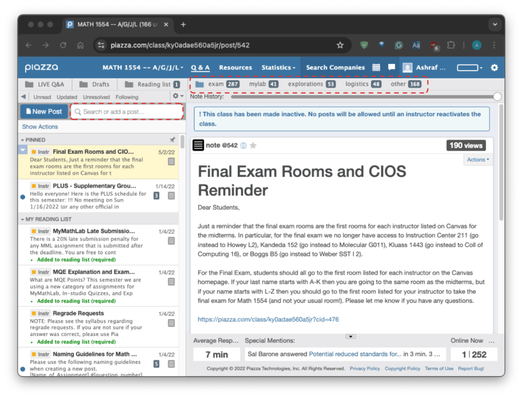 Display of Piazza posts and search bar (top-left) with various filters available for selection (approximately top-center)