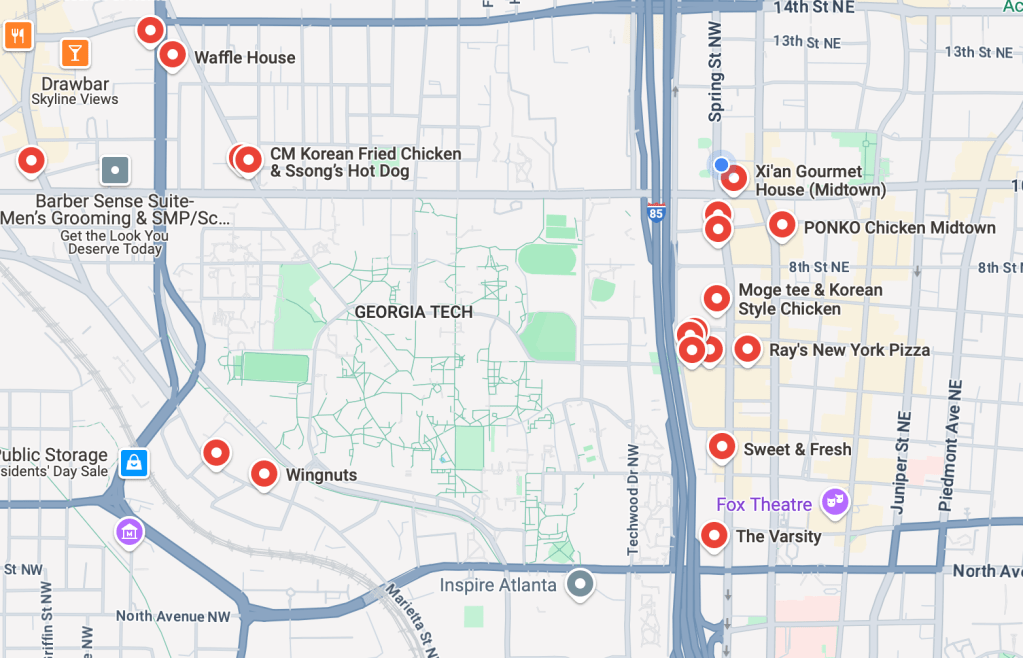 A map of off campus restaurants nearby Georgia Tech