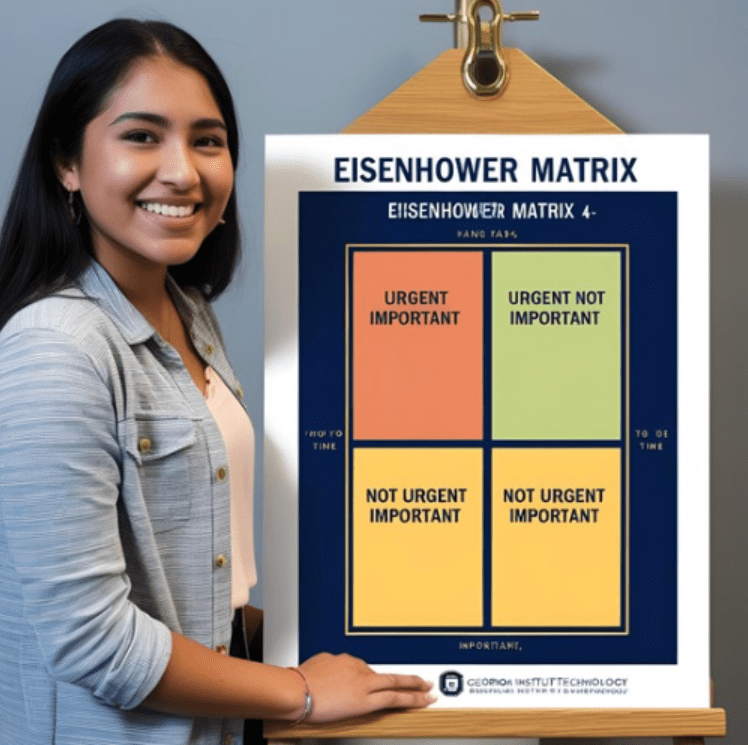Female student presenting personal Eisenhower Matrix.
