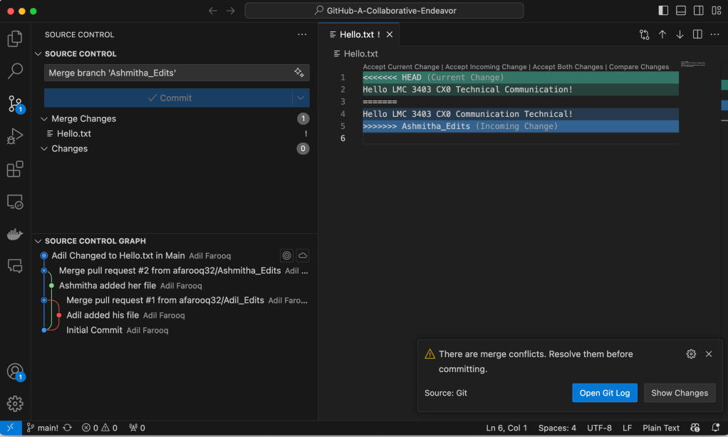 Shows an example of a merge conflict through the VSCode merge interface. There are two changes that need to be resolved.