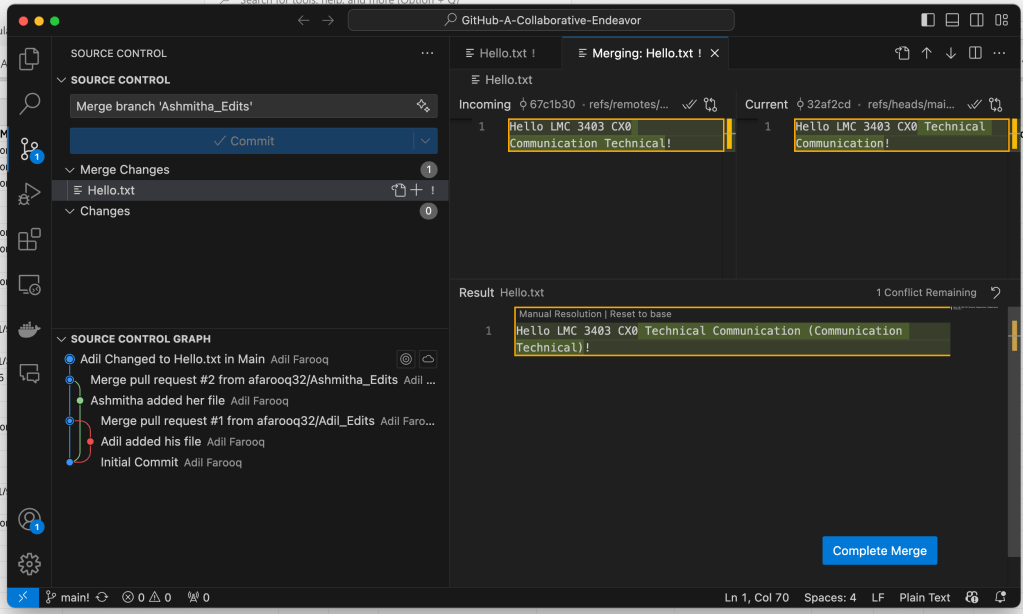 A visual of the VSCode interface after selecting a changelist.