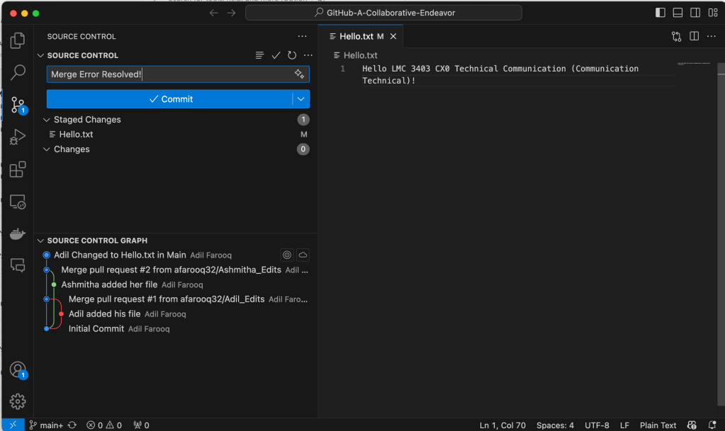 An example of a resolved merge conflict.