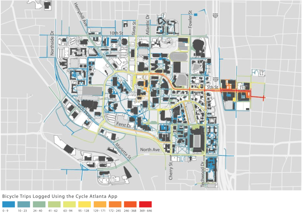A map of Georgia Tech's campus which notes which walkways and roads receive the most bike traffic based upon user uploaded riding on the Cycle Atlanta App