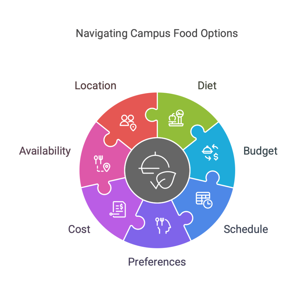 Graphic illustrating key factors for navigating campus food options, including location, diet, budget, schedule, availability, cost, and preferences.