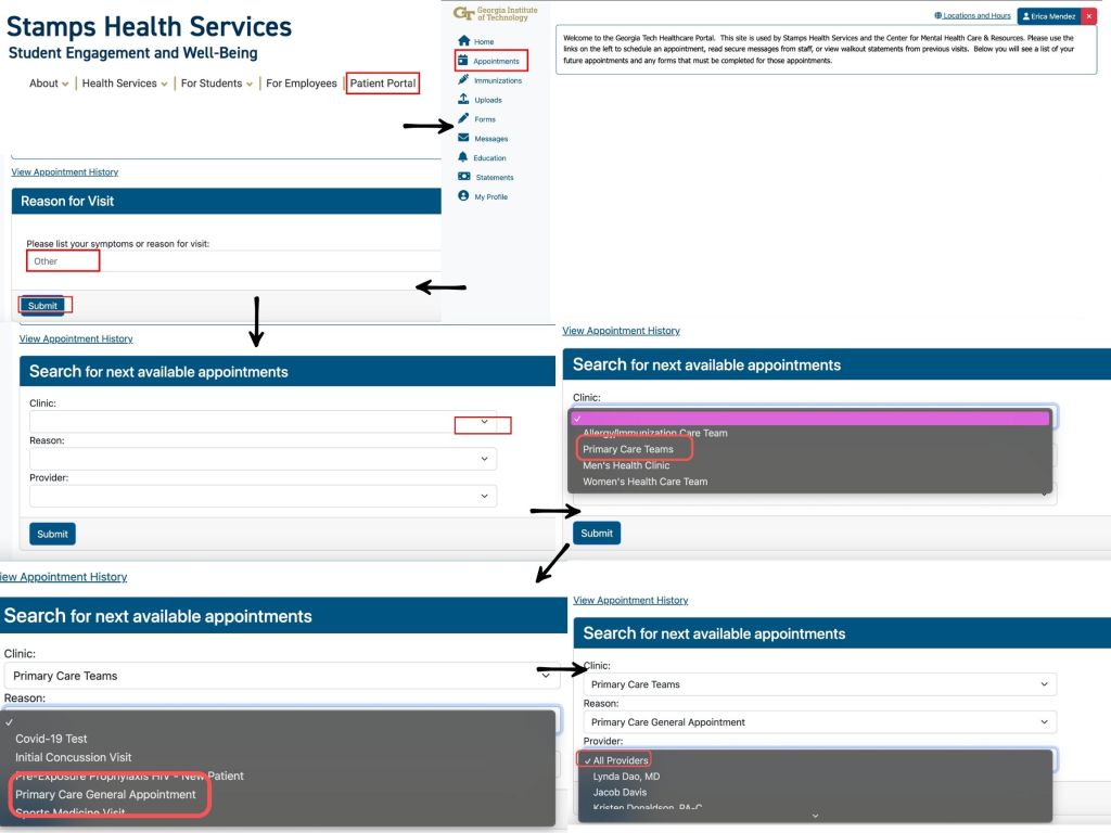 Each page of the Stamps Health Patient Portal needed to navigate the appointment scheduling process.