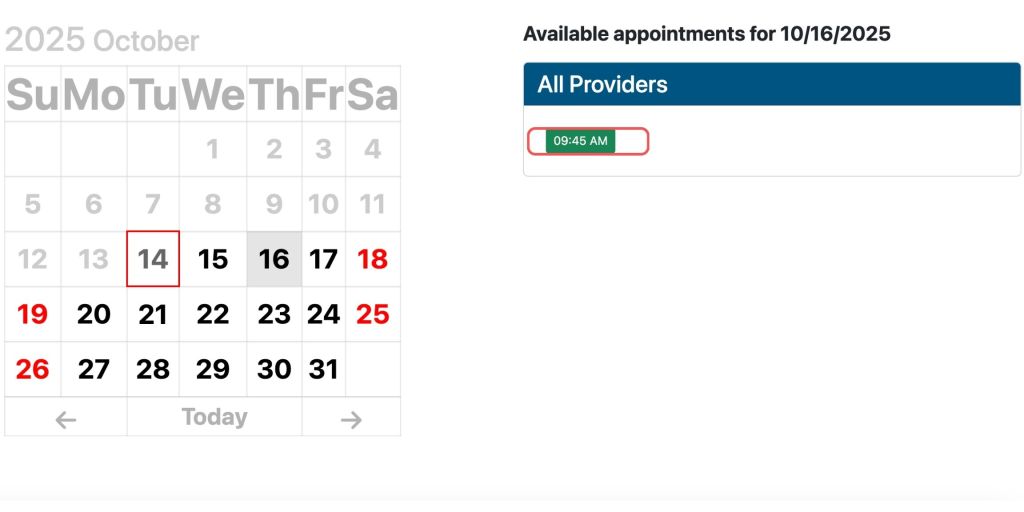 The appointment calendar with a red box around the button you click to schedule an appointment.
