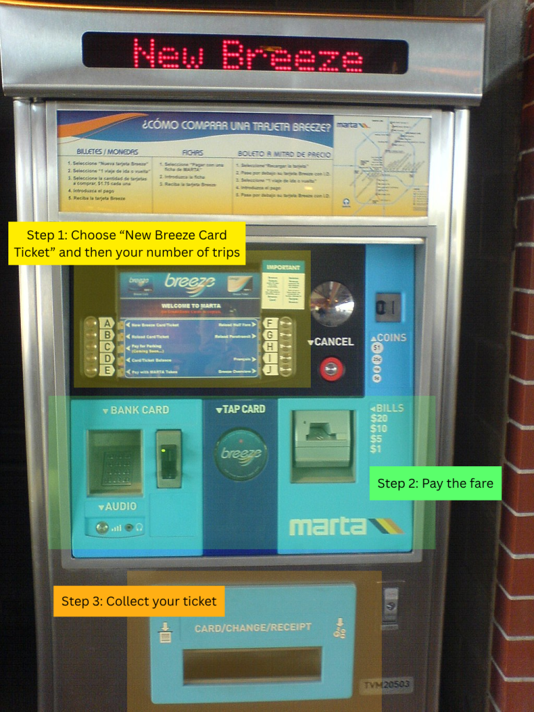 A graphic highlighting various areas on a photo of a physical Breeze card vending machine. The graphic highlights a large monitor on the top left of the machine with the caption, “Step 1: Choose one of the options”. A set of controls to the bottom right of the monitor is highlighted with the caption, “Step 2: Pay the fare”. Finally, a disposal box is highlighted at the bottom of the machine with the caption, “Step 3: Collect your ticket”.