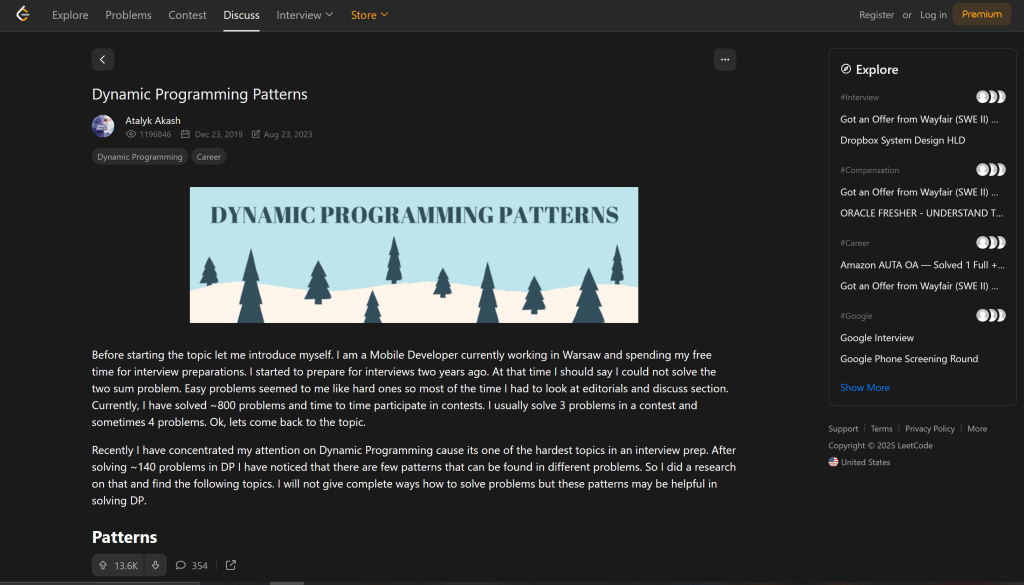 Discussion post about dynamic programming. The views, date posted, date updated, and number of up votes can all be viewed here, as well as its categories.