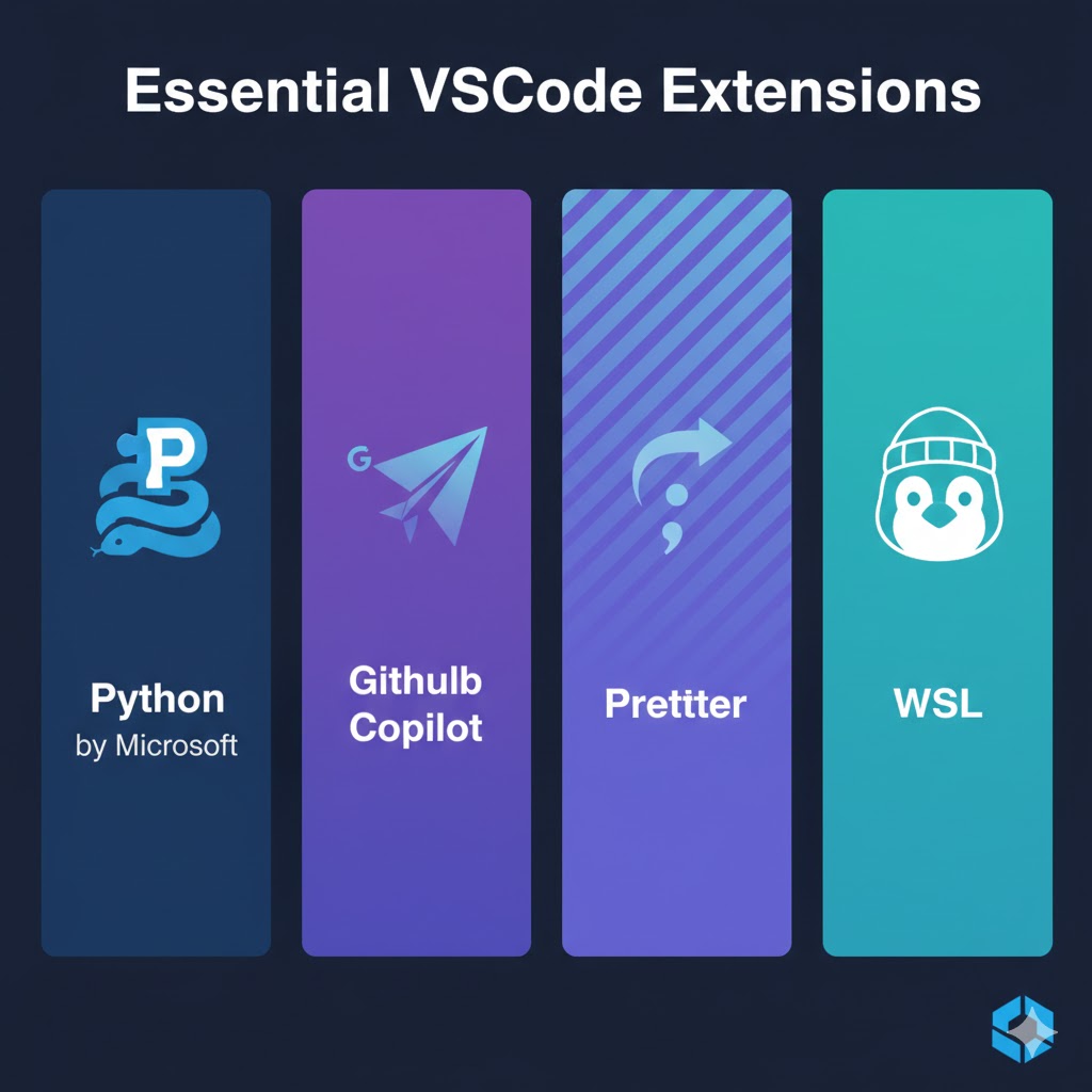 An infographic titled "Essential VSCode Extensions". The image displays four vertical panels against a dark background. From left to right, the panels are: a dark blue panel with the Python logo, labeled "Python by Microsoft"; a purple panel with the GitHub Copilot logo; a purple-and-blue panel with the Prettier logo; and a teal panel with the Windows Subsystem for Linux (WSL) penguin logo.