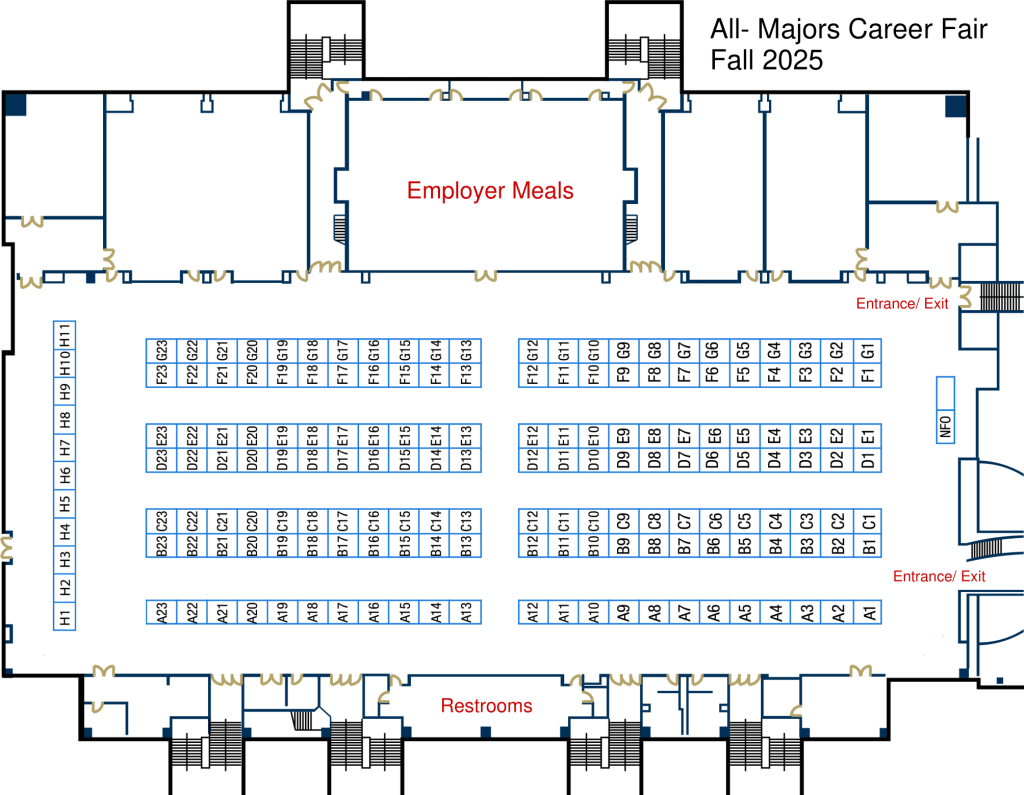 A map of the Georgia Tech All-Majors career fair 2025. The are blocks of squares with number and letter combinations on them.
