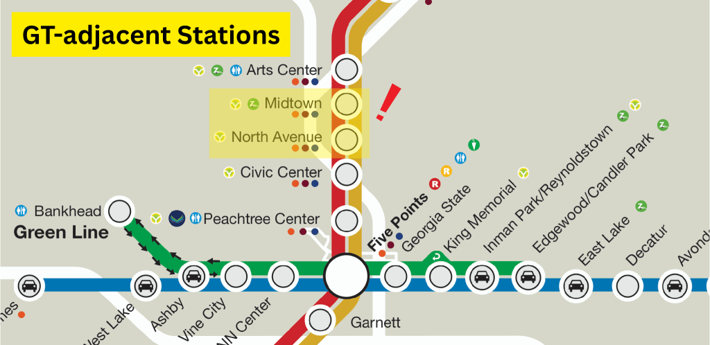 A copy of the MARTA train route map with the Midtown and North Avenue stations highlighted. The graphic reads “GT-adjacent stations”.