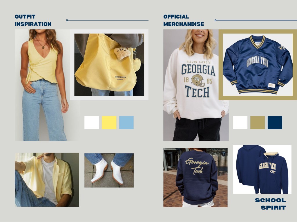 Collage showing Georgia Tech outfit inspiration and official merchandise. On the left, casual gold and white clothing items such as yellow tops, light jeans, white boots, and a yellow shoulder bag illustrate style ideas using Tech’s colors. On the right, official Georgia Tech apparel including white and navy sweatshirts, hoodies, and a gold-trimmed navy pullover display school logos and the words ‘Georgia Tech,’ representing school spirit in white, gold, and navy tones.