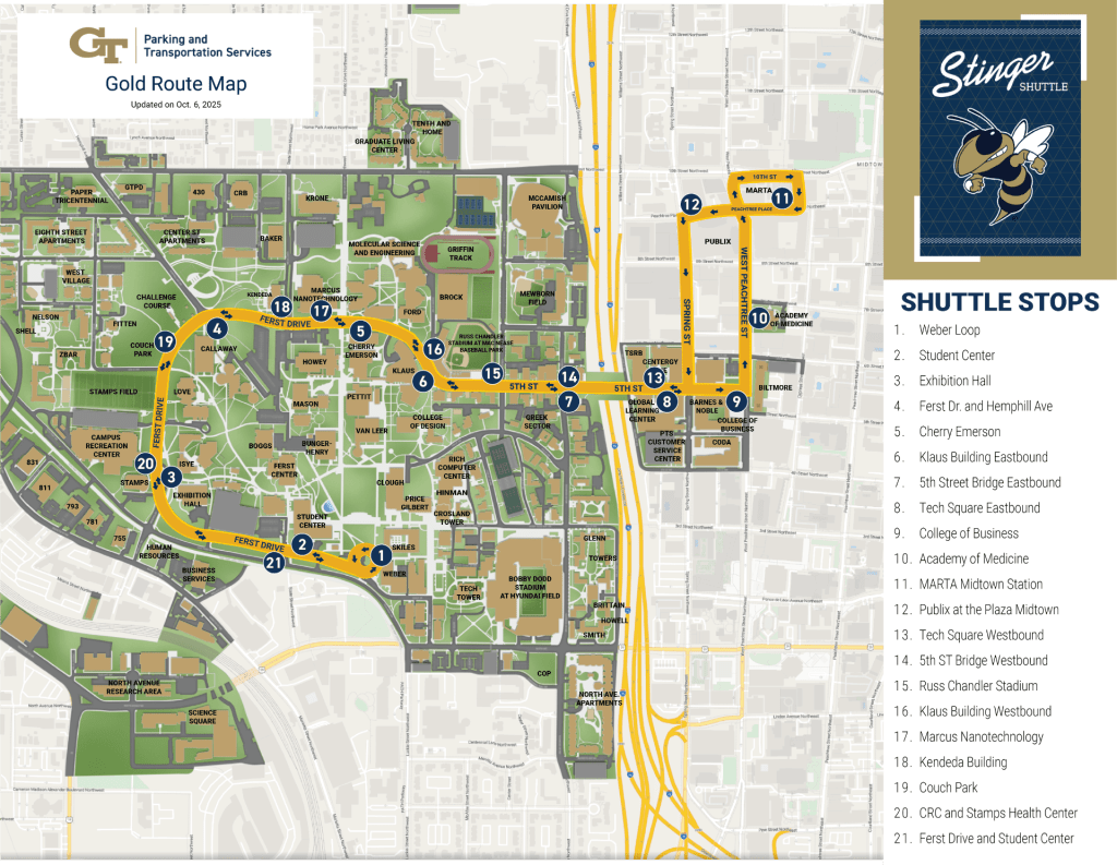 Transit map with colored lines representing Gold route along with common stops marked.
