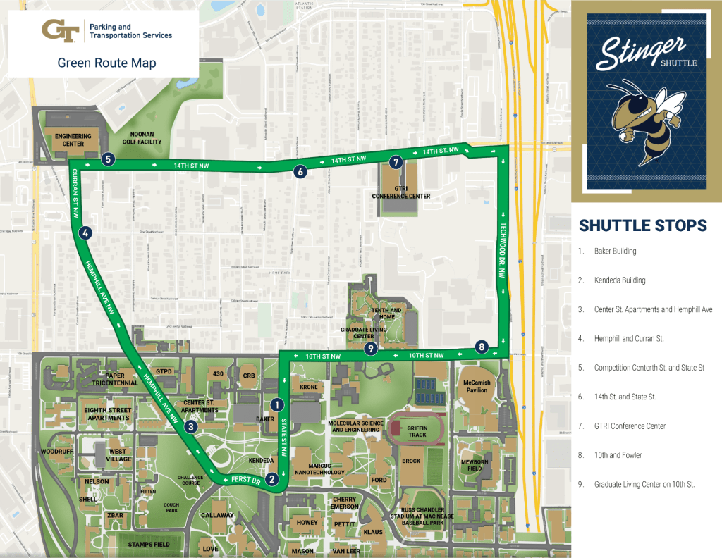 Transit map with colored lines representing Green route along with common stops marked.