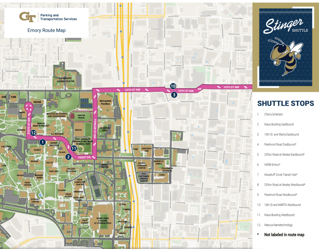 Transit map with colored lines representing Emory route along with common stops marked.