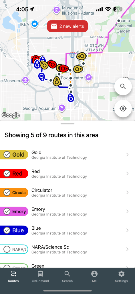 Mobile app showing the favorites tab in TransLoc with selected bus stops starred.
