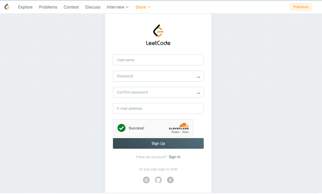 LeetCode signup page with fields for a username, password, and an email address