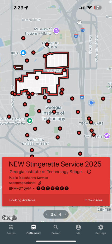 Mobile app screen showing the TransLoc OnDemand tab with the New Stingerette Service 2025 listed as an available ride option for campus transportation.