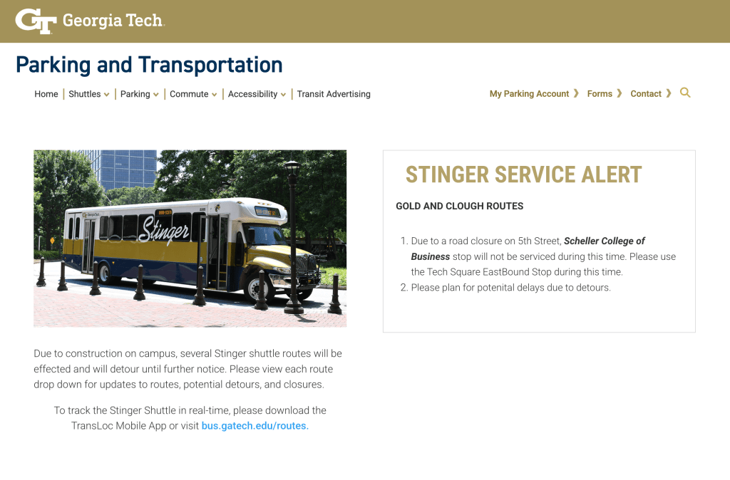 Screenshot of GT Transportation Services website for updates