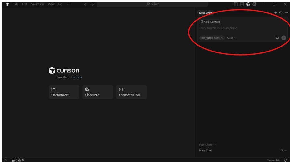 Cursor home page, with the AI Side Bar open and a red circle highlighting the chat portion of the bar.