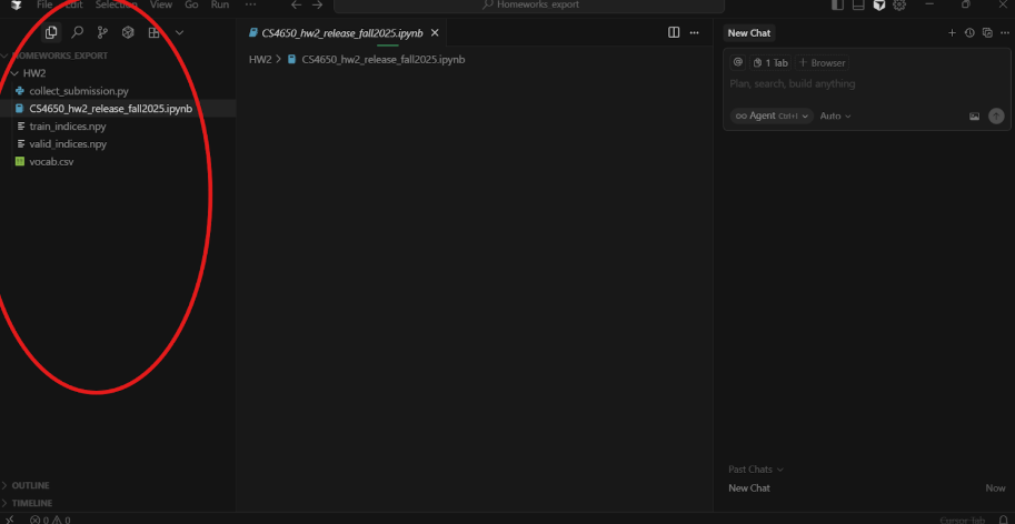 The cursor home page with the left, project explorer bar open and highlighted with a red circle.