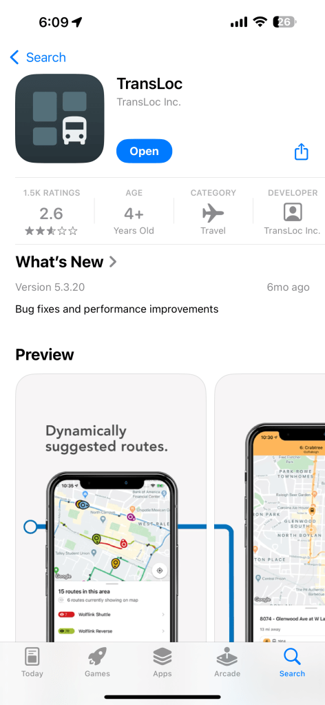 Mobile app screen showing TransLoc app available on App Store on Apple