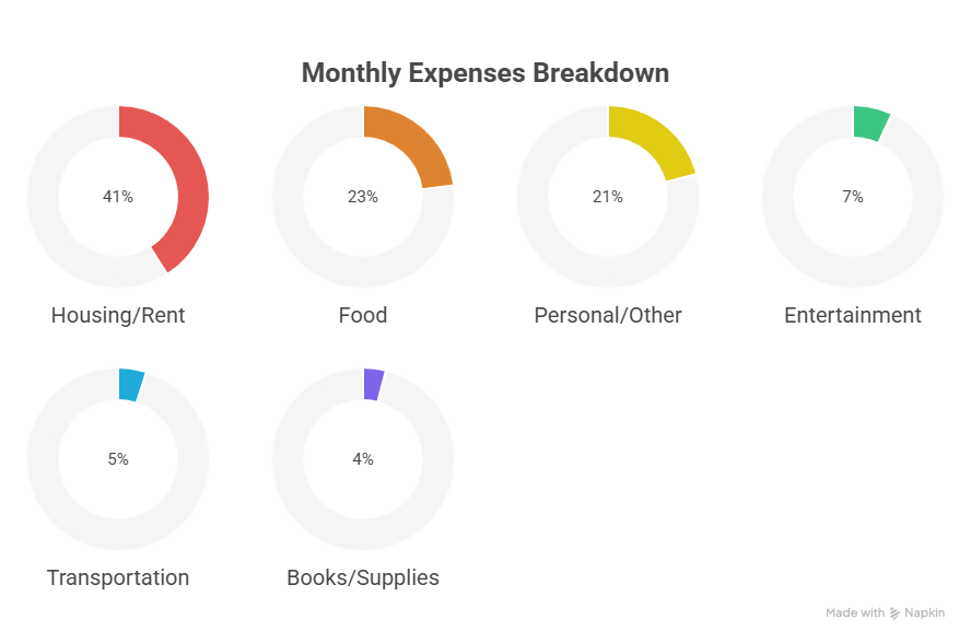 Percentage breakdown of typical monthly student costs. 41% to housing, 23% to food, 21% to personal, 7% to entertainment, 5% to transportation, 4% to books