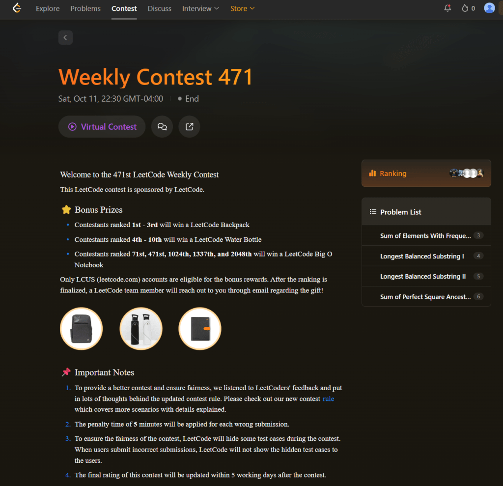 Weekly context page showing the prizes, rules, rankings of submitted solutions, and the problem list.