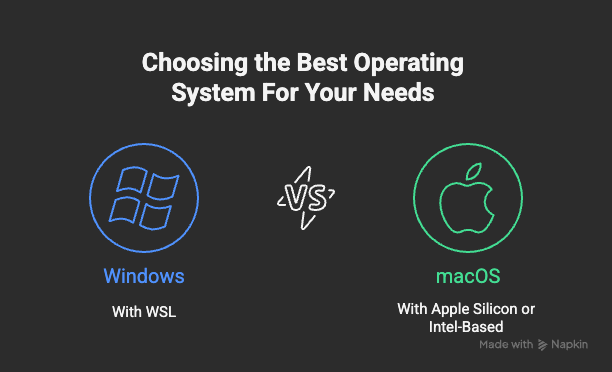 Comparison graphic showing Windows with WSL versus macOS with Apple Silicon or Intel-based systems under the title ‘Choosing the Best Operating System for Your Needs.’ The Windows logo is outlined in blue on the left, and the Apple logo is outlined in green on the right, separated by a ‘VS’ icon.