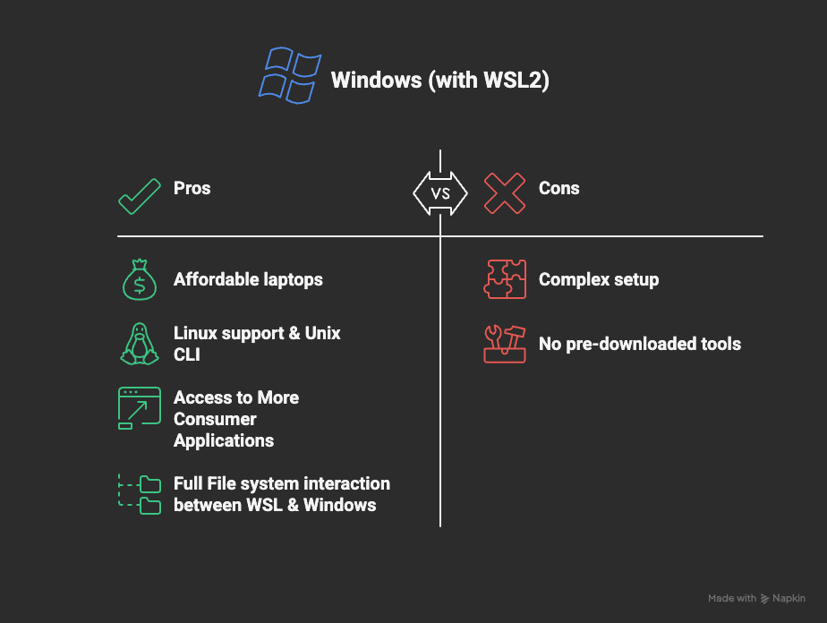 Comparison chart showing pros and cons of using Windows with WSL2. Pros listed on the left include affordable laptops, Linux support and Unix CLI, access to more consumer applications, and full file system interaction between WSL and Windows. Cons on the right include complex setup and no pre-downloaded tools. The chart is styled with green icons for pros and red icons for cons.