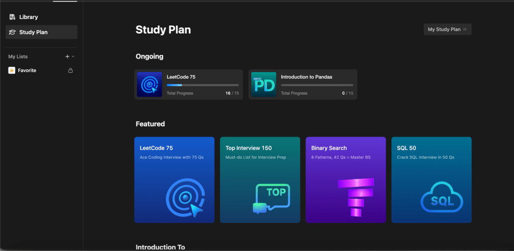 Picture showing the study plan dashboard containing learning paths to be used.