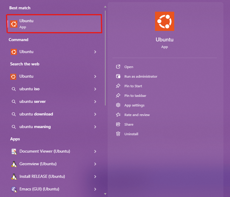 Screenshot of the Windows Start menu showing the Ubuntu app highlighted under ‘Best match.’ The right panel displays the Ubuntu logo and options such as Open, Run as administrator, Pin to Start, and Uninstall. The background is a purple gradient typical of the Windows 11 interface.