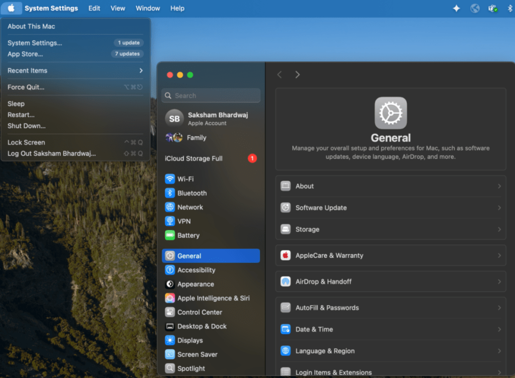 Screenshot of macOS System Settings showing the General tab selected. The left sidebar lists options like Wi-Fi, Bluetooth, Network, and Accessibility. The right panel displays settings for About, Software Update, Storage, AppleCare & Warranty, and other general preferences. The Apple menu is open at the top left, showing options such as About This Mac, System Settings, and Restart.