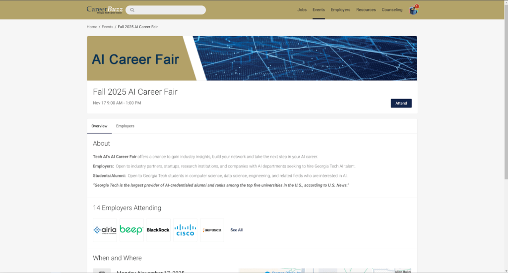 A posting on the Career Buzz website for the Fall 2025 AI Career Fair. Includes information on the number of employers attending and the location of the fair.