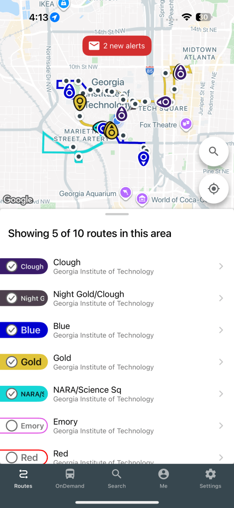 Mobile app screen showing TransLoc Rider interface with bus icons and live tracking on a campus map.