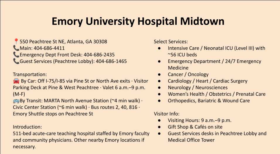 Infographic containing basic information for Emory Hospital's services, hours, appointment suggestions and contact information.