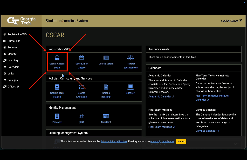 This GIF shows the steps to navigate to degree works. You start on Georgia Tech's Oscar website. In the top left of the main view, the button is Secure Access Login (highlighted with a red box). The video click on that and the red box moves to the next button to click on the next page which is the Students tab at the top of the page. After clicking that, the red box moves to highlight the DegreeWorks tile which is in a grid of tiles in the center of the screen. The user clicks on this, and then finally the degree works website appears.