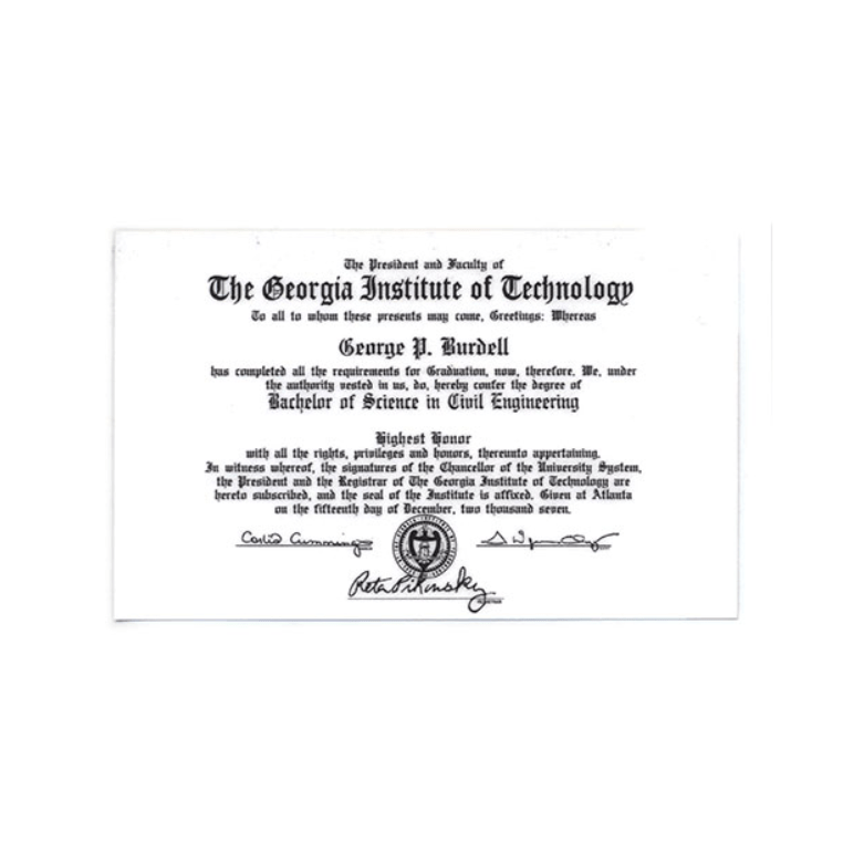 An image of the George P. Burdell's Mechanical Engineering Bachelors of Science Degree from Georgia Tech.
