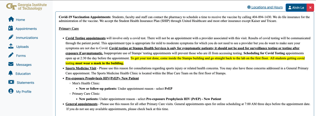 Screenshot of t he Stamps Patient Portal.
