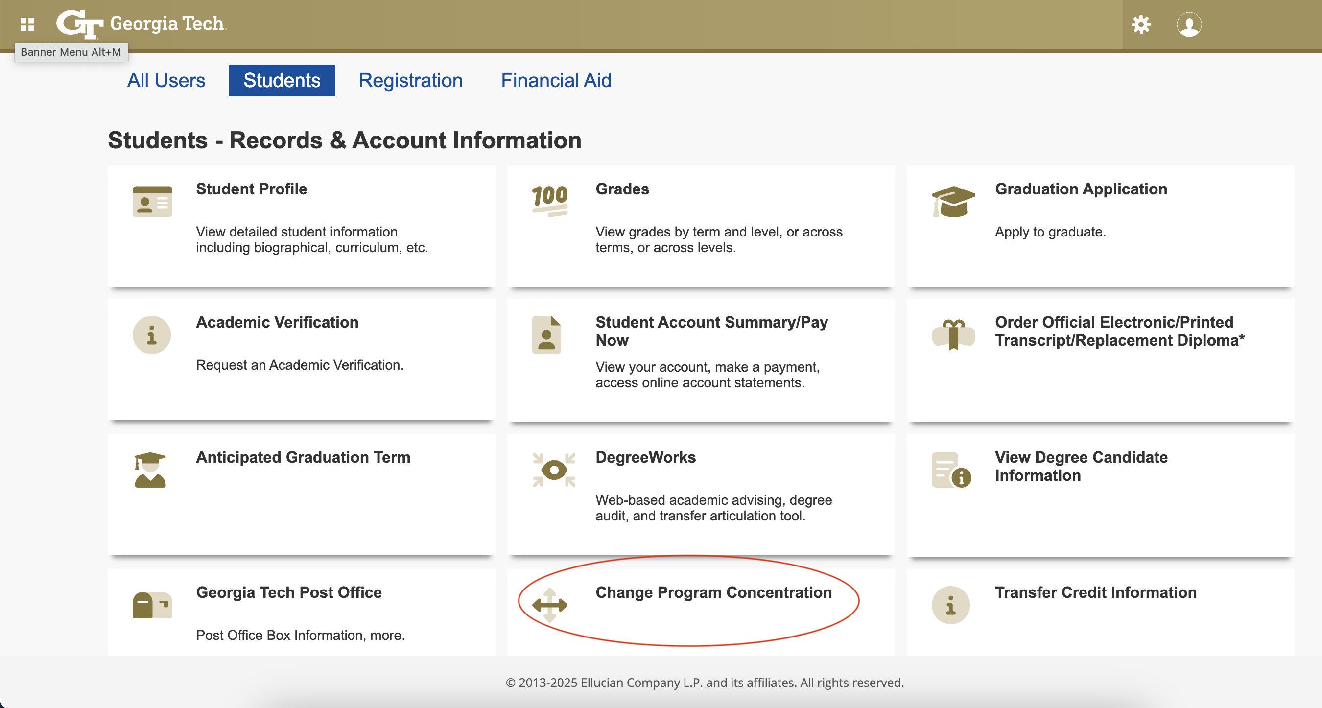 Screenshot of Buzzport's Student Information page. Students can declare their threads by clicking on the "Change Program Concentration" button at the bottom of the screen.