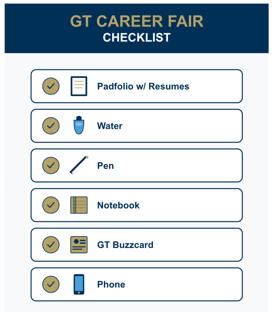 An infographic checklist titled 'GT Career Fair Checklist' in Georgia Tech's navy blue and old gold colors. The checklist contains six items, each in a white rounded rectangle with a checked circle and custom icon: 1) Padfolio with Resumes (briefcase icon), 2) Water (water bottle icon), 3) Pen (pen icon), 4) Notebook (spiral notebook icon), 5) GT Buzzcard (ID card icon), and 6) Phone (smartphone icon).
